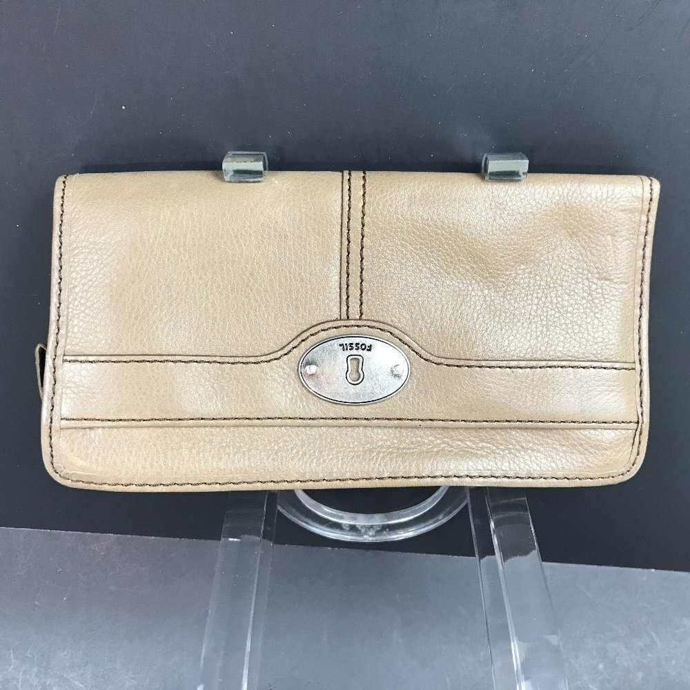Tan/beige leather Fossil zip around wallet/clutch